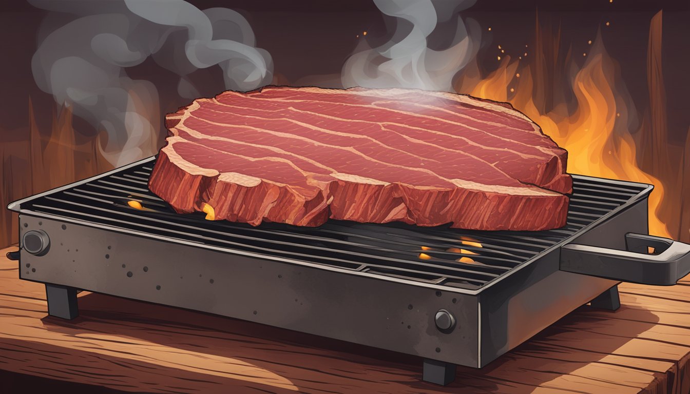 A large piece of smoked corned beef sizzling on a hot grill in a rustic Texas setting