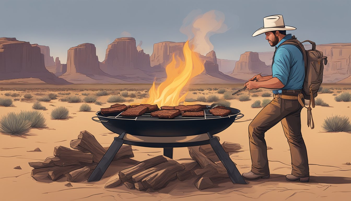 A cowboy cooking beef jerky over an open flame in the Texas desert