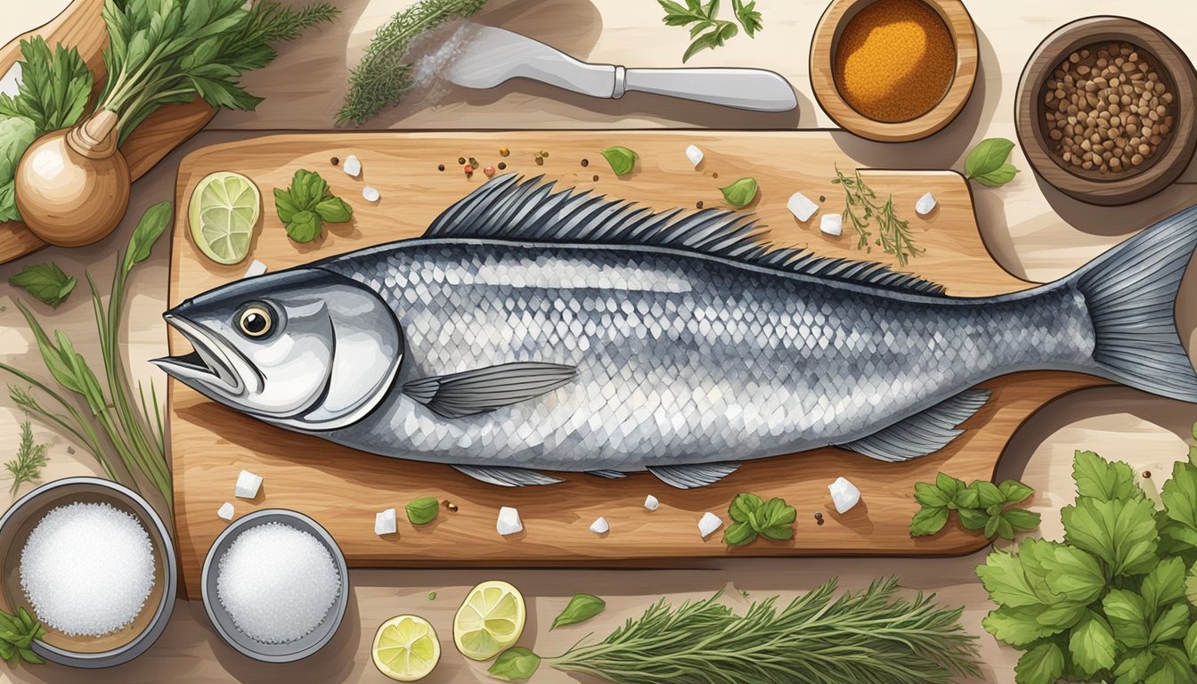 A wooden cutting board with a freshly caught fish, surrounded by various herbs, spices, and a container of coarse salt. The fish is being carefully cleaned and prepared for salt curing