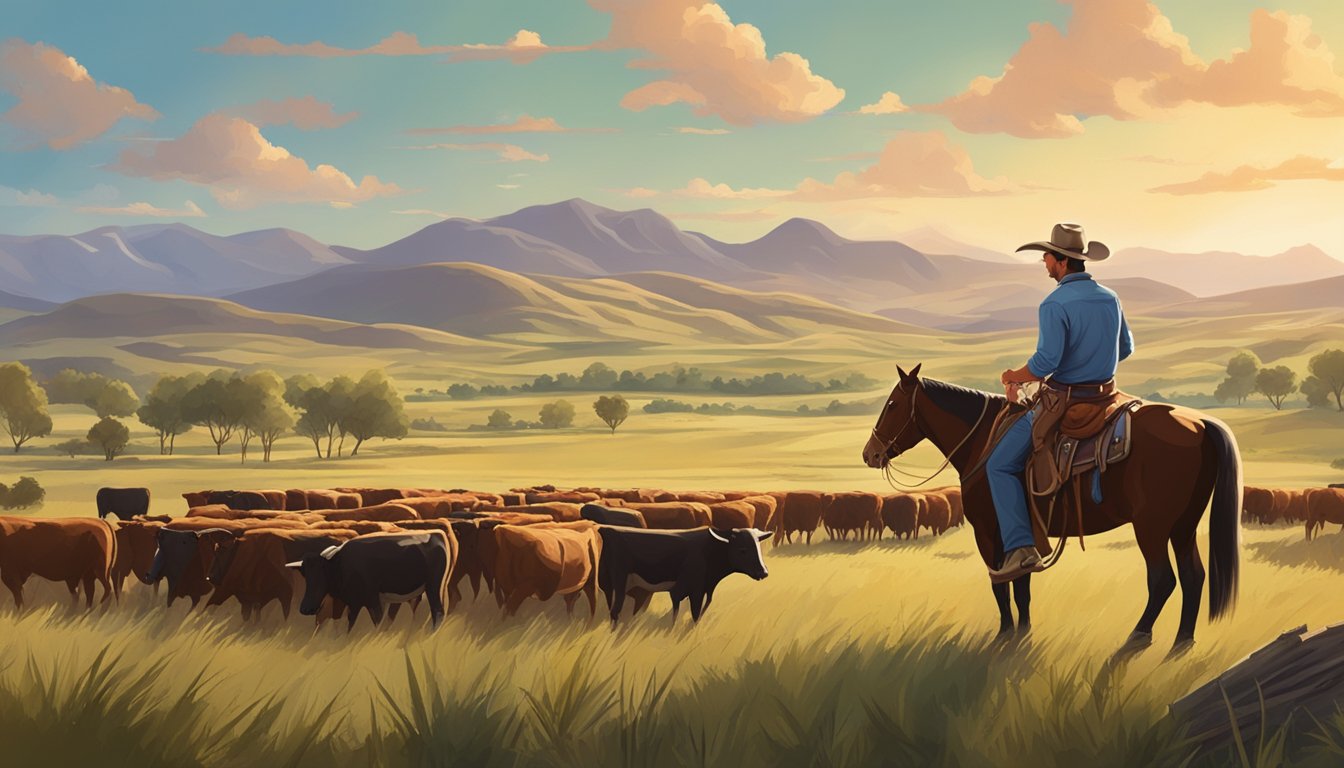 A cowboy in a Texas ranch, enjoying a hearty serving of beef jerky while surrounded by rolling hills and grazing cattle