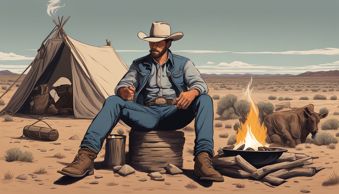 A cowboy sitting by a campfire in the Texas desert, enjoying a hearty serving of beef jerky as he takes a break from his long cattle drive