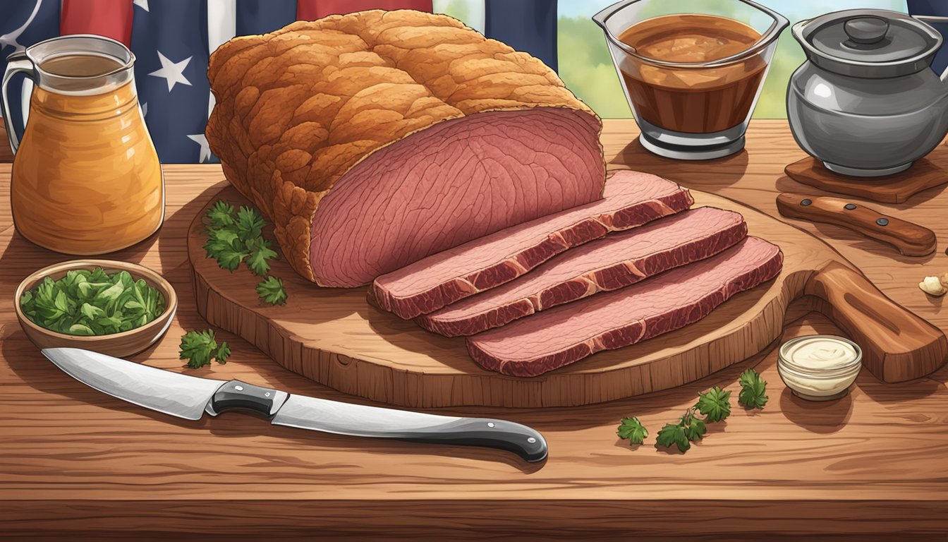 Smoked corned beef on a wooden cutting board with a knife and serving platter, surrounded by Texas-themed decor