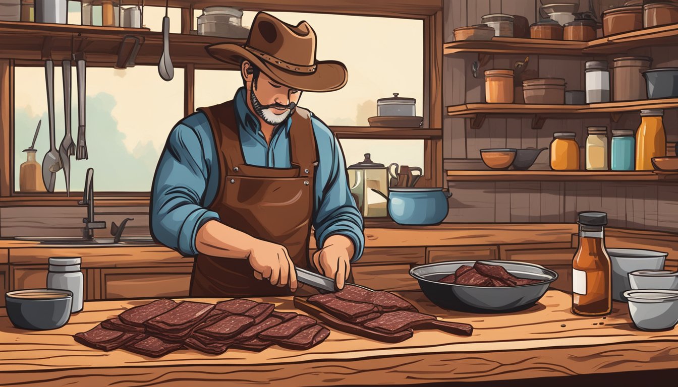 A cowboy slicing and marinating beef jerky in a rustic Texas kitchen. Ingredients and spices line the wooden countertop