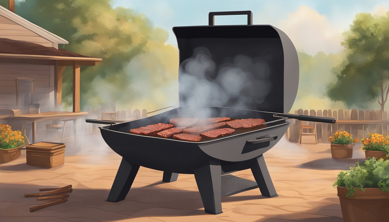 A smoky aroma fills the air as a slab of corned beef sizzles on a Texas barbecue pit. A variety of spices and seasonings are scattered nearby