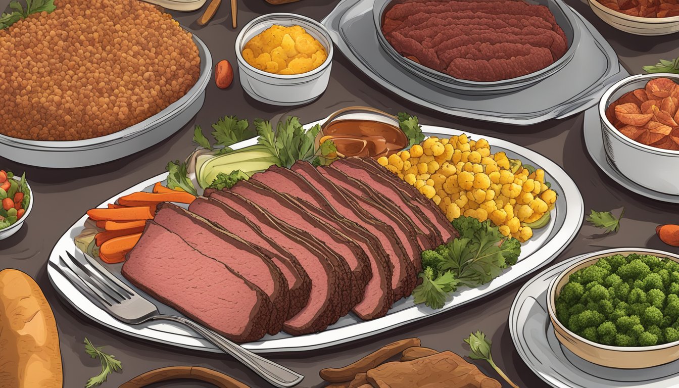 A platter of smoked corned beef surrounded by traditional Texas side dishes