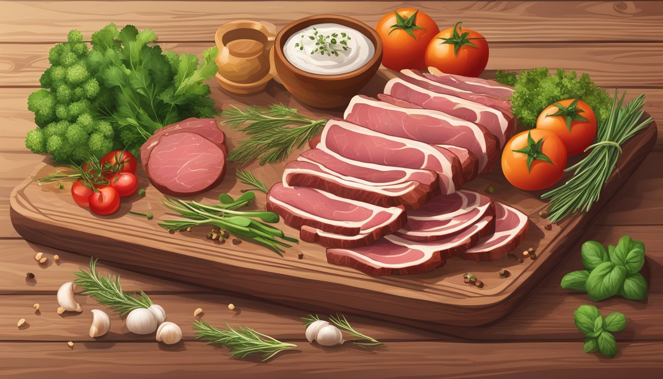 A rustic wooden cutting board with sliced smoked corned beef, accompanied by various herbs, spices, and vegetables