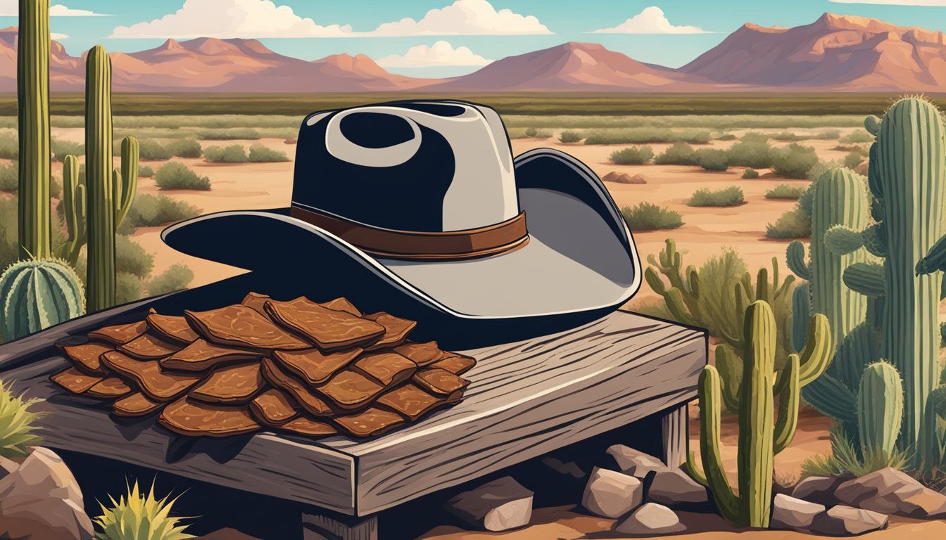 A rustic Texas landscape with a cowboy hat, cactus, and a pile of beef jerky