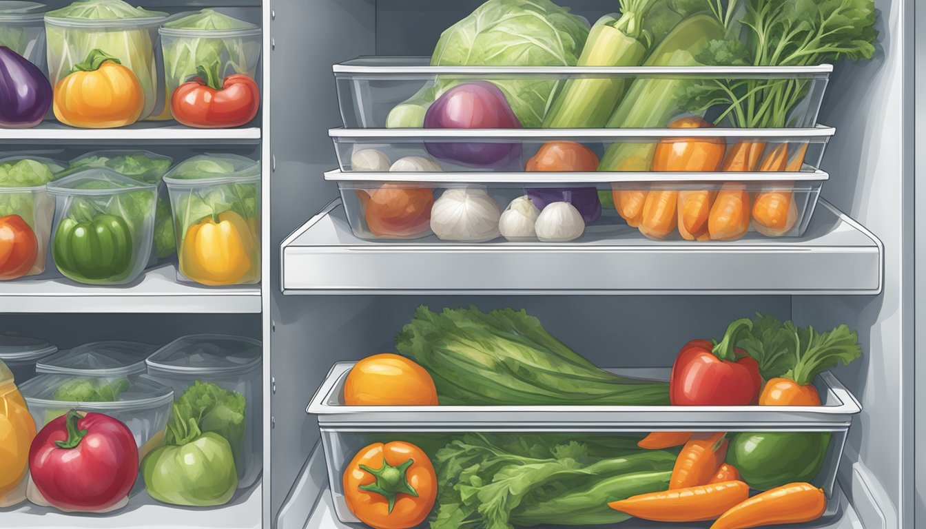 Freshly picked garden vegetables being placed in plastic bags and then placed in a freezer in a Texas kitchen