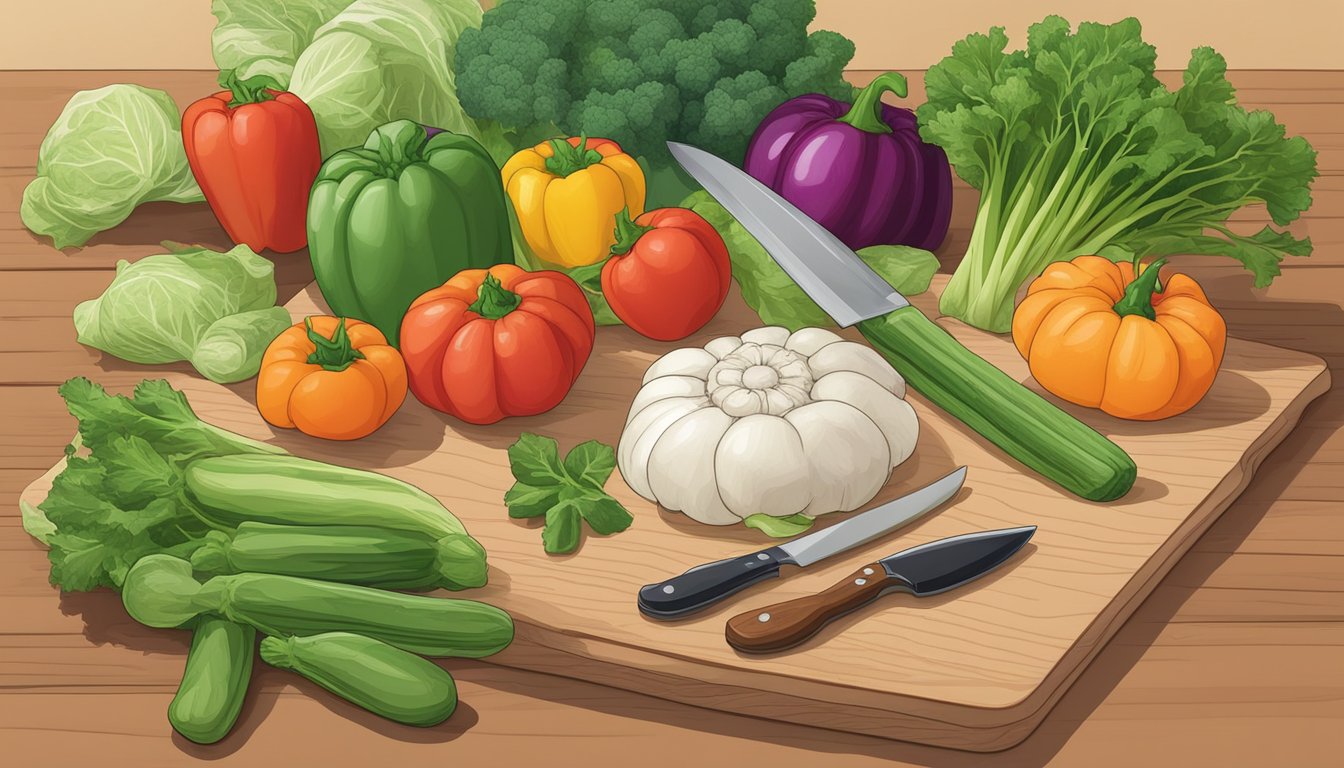 Freshly picked vegetables arranged on a clean cutting board, with a knife and plastic bags nearby