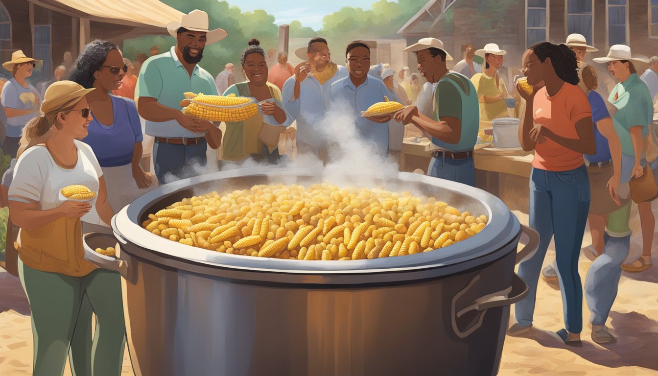 A large pot filled with boiling water, corn on the cob, potatoes, and crawfish, surrounded by a group of people chatting and enjoying the Texas sun