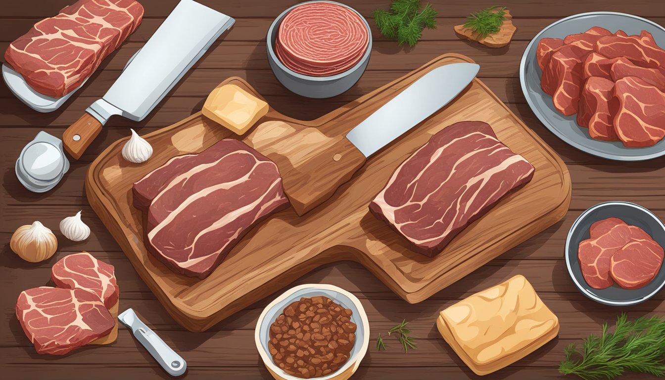 A chef in a Texas kitchen slices and seasons beef to make homemade beef bacon, with ingredients and utensils laid out on a wooden countertop