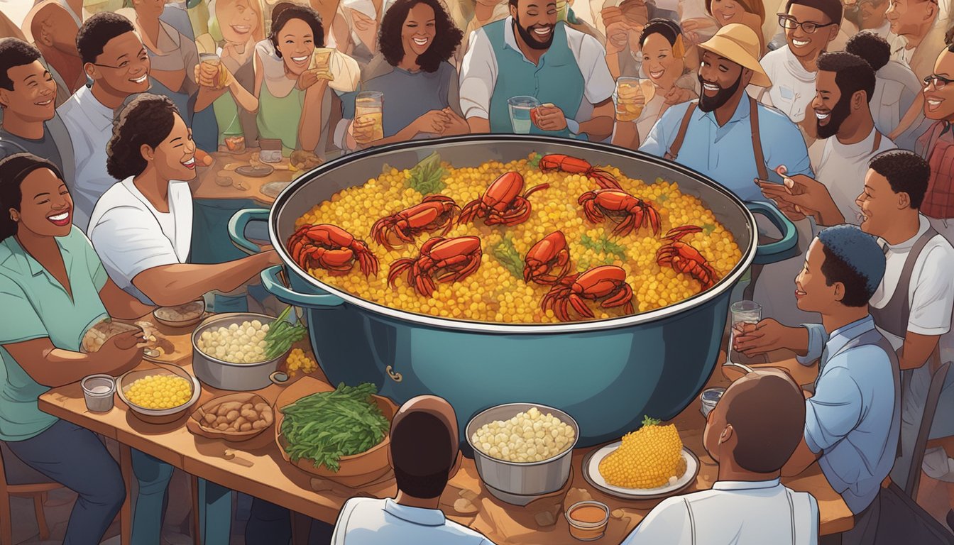 A large pot of boiling water with crawfish, corn, and potatoes, surrounded by excited guests and tables filled with seasoning and drinks