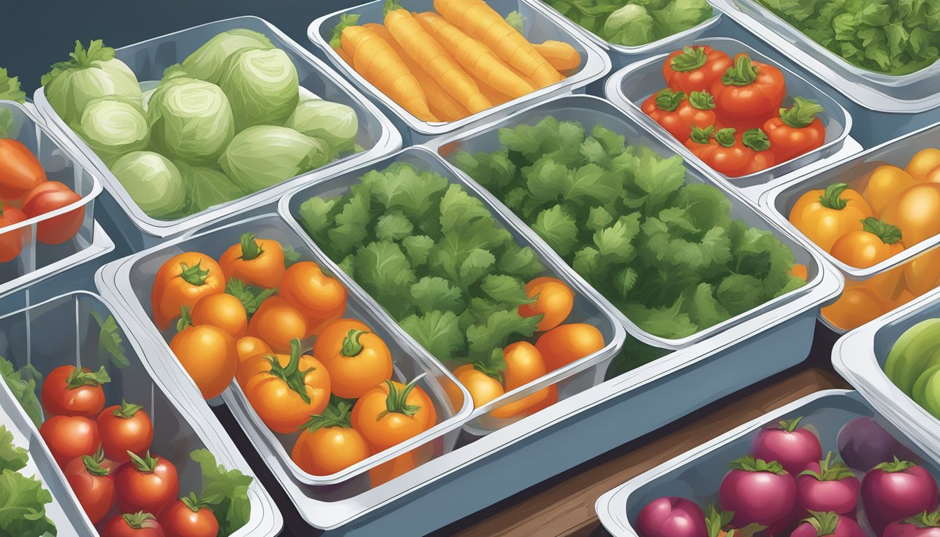 Freshly picked garden vegetables being carefully packed into airtight containers and placed in a freezer for long-term storage