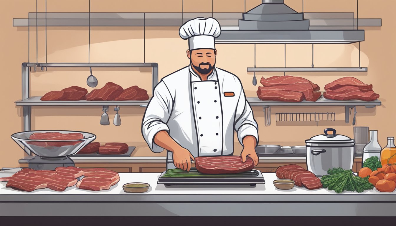 A chef in a Texas kitchen prepares beef bacon with fresh, high-quality ingredients. The process is depicted in a simple step-by-step guide