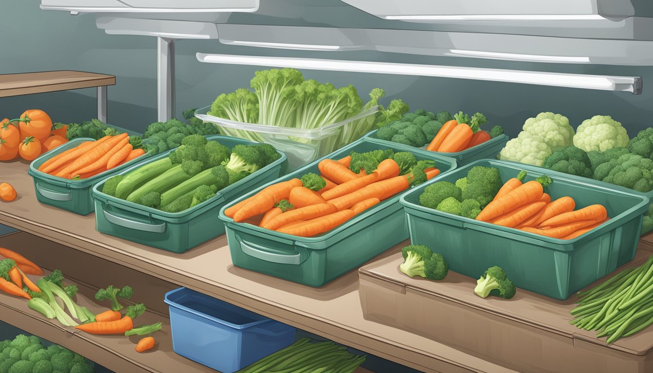 A variety of garden vegetables, including carrots, green beans, and broccoli, are being placed into plastic bags and then placed in a freezer