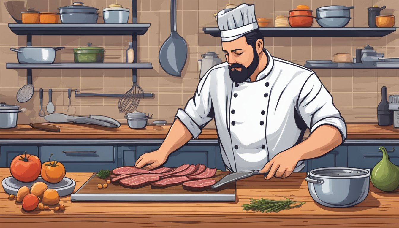 A chef in a Texas kitchen prepares beef bacon with a focus on health and nutrition. Ingredients and cooking utensils are neatly arranged on a wooden countertop