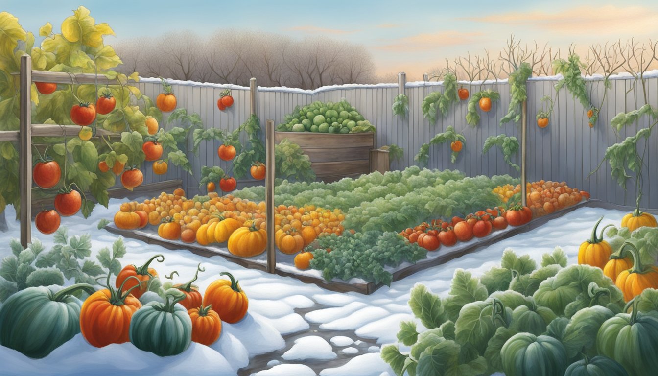 A Texas garden covered in a thin layer of frost, with frozen vegetables like tomatoes, peppers, and squash hanging from the vines