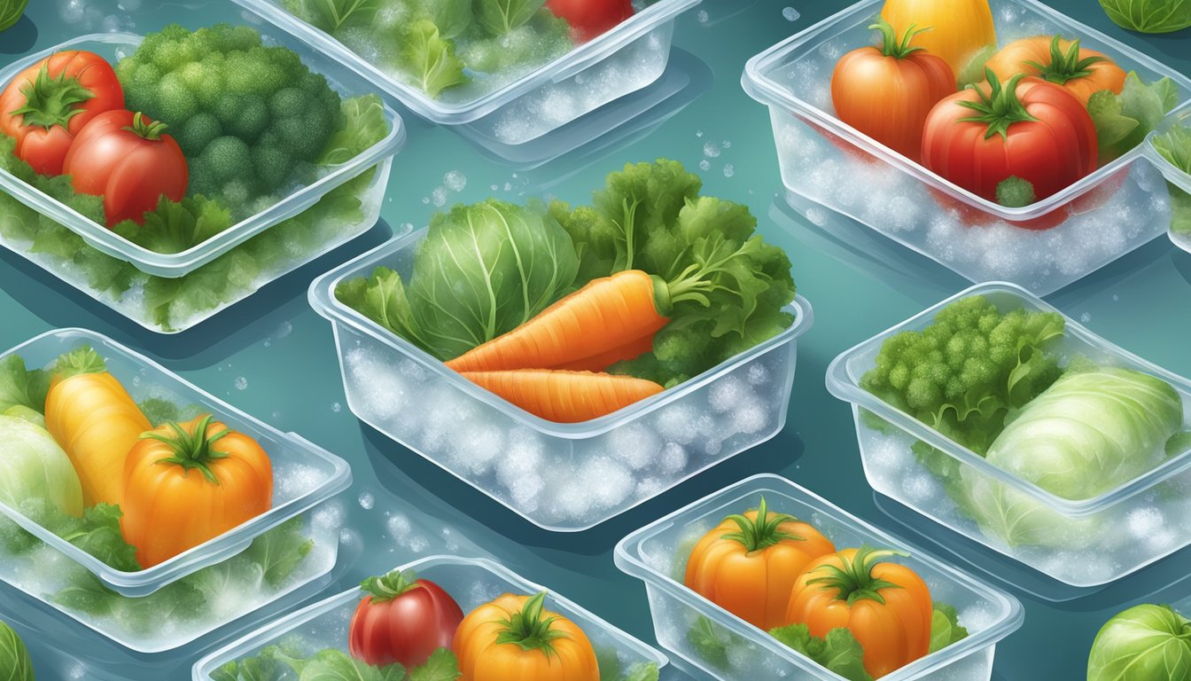 Fresh garden vegetables being placed in airtight containers, then submerged in ice water. Ice crystals form on the surface