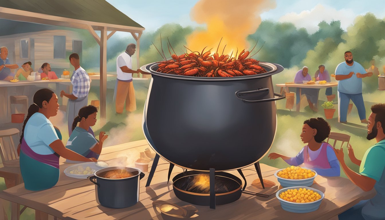 A large pot boils over an open flame, filled with crawfish, corn, and potatoes. Steam rises into the air as people gather around the outdoor table