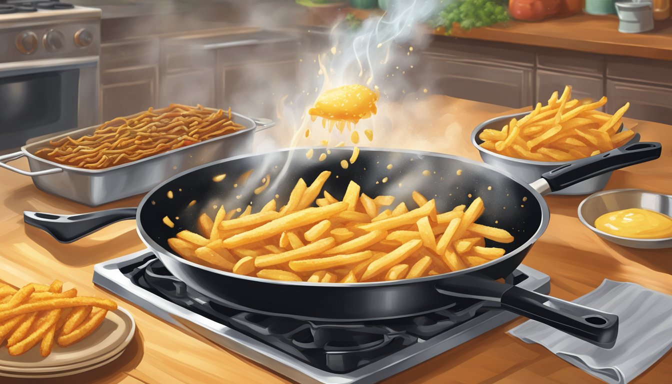 A sizzling pan of oil fries up a storm of golden, crispy food in a Texas kitchen, showcasing the fundamentals of both deep frying and pan frying