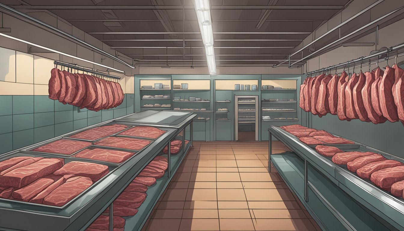 A butcher's shop in Texas, with rows of beef hanging in a temperature-controlled room for aging. A sign on the wall explains the process