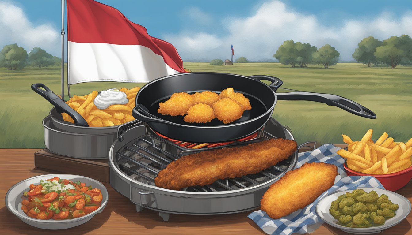 A sizzling skillet and bubbling fryer sit side by side, emitting the mouthwatering aroma of deep-fried delicacies. The Texas flag hangs proudly in the background, symbolizing the state's deep-rooted culinary tradition