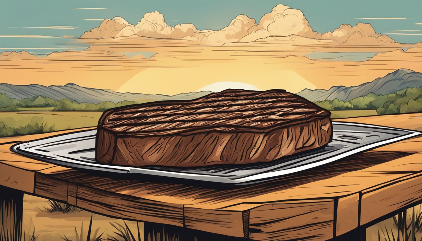 A perfectly grilled steak with charred grill marks, set against a backdrop of the Texas landscape