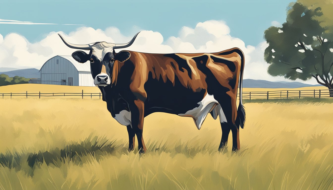 A lone steer grazes in a sun-drenched Texas pasture, surrounded by rolling hills and a clear blue sky. Nearby, a modern beef aging facility stands, showcasing the latest innovations in the industry