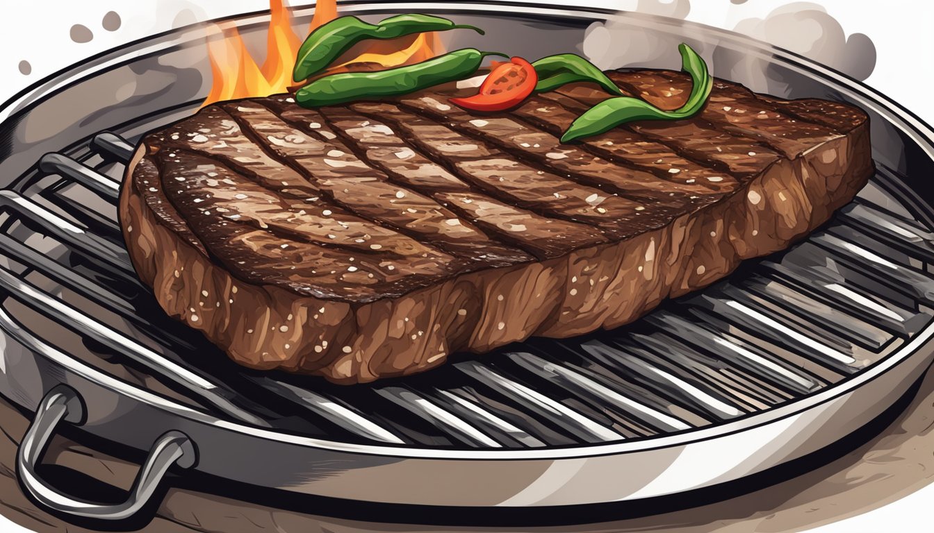 Thick steak sizzling on a hot grill, charring to perfection with distinct grill marks, surrounded by the smoky aroma of Texas barbecue