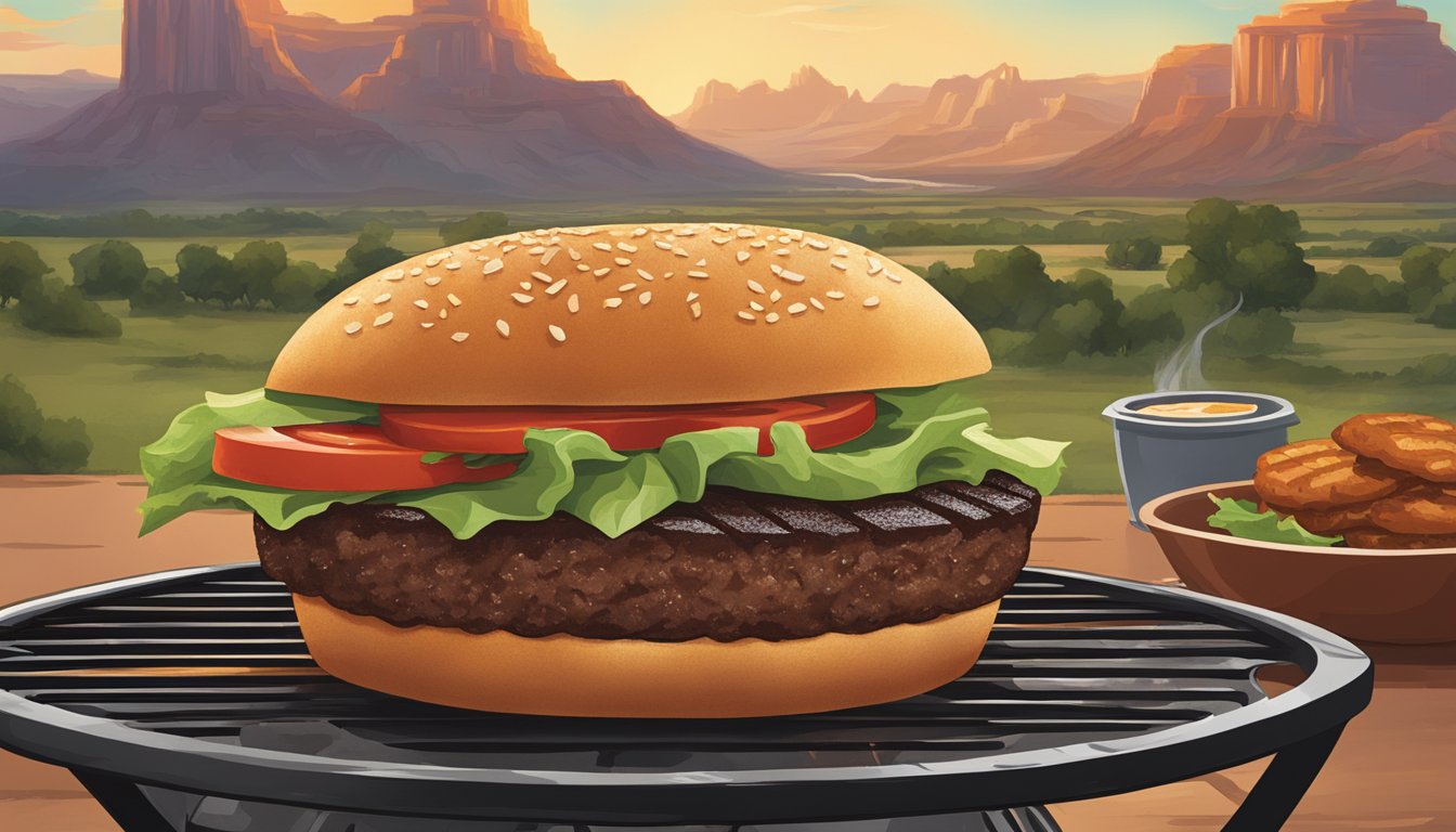 A sizzling Beyond Meat patty on a hot grill, adorned with perfect grill marks, set against the backdrop of a Texas landscape