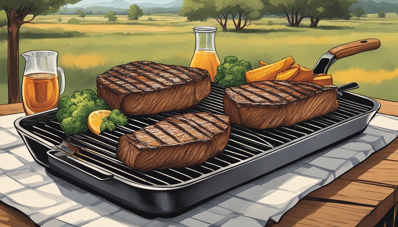 A sizzling grill sears perfect char lines onto a juicy steak, surrounded by the rustic landscape of a Texas ranch