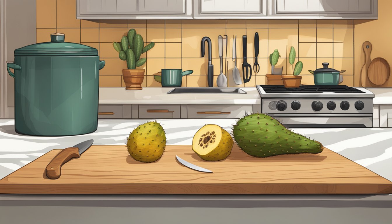 A Texan kitchen counter with a cutting board, knife, and ripe prickly pears ready for preparation