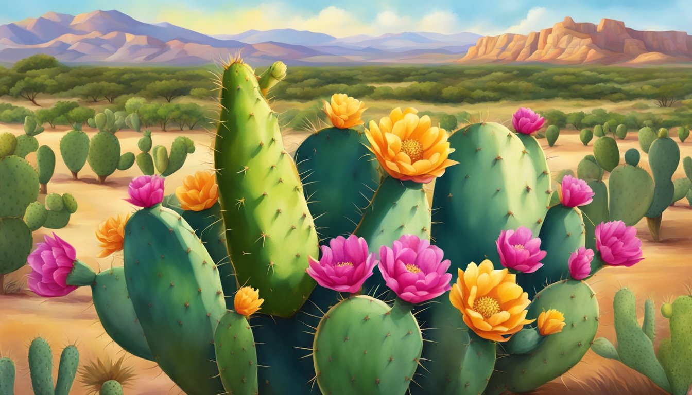 A vibrant prickly pear cactus stands against a backdrop of the Texas landscape, with ripe fruits ready for harvest and a variety of healthy dishes prepared from the nutritious plant