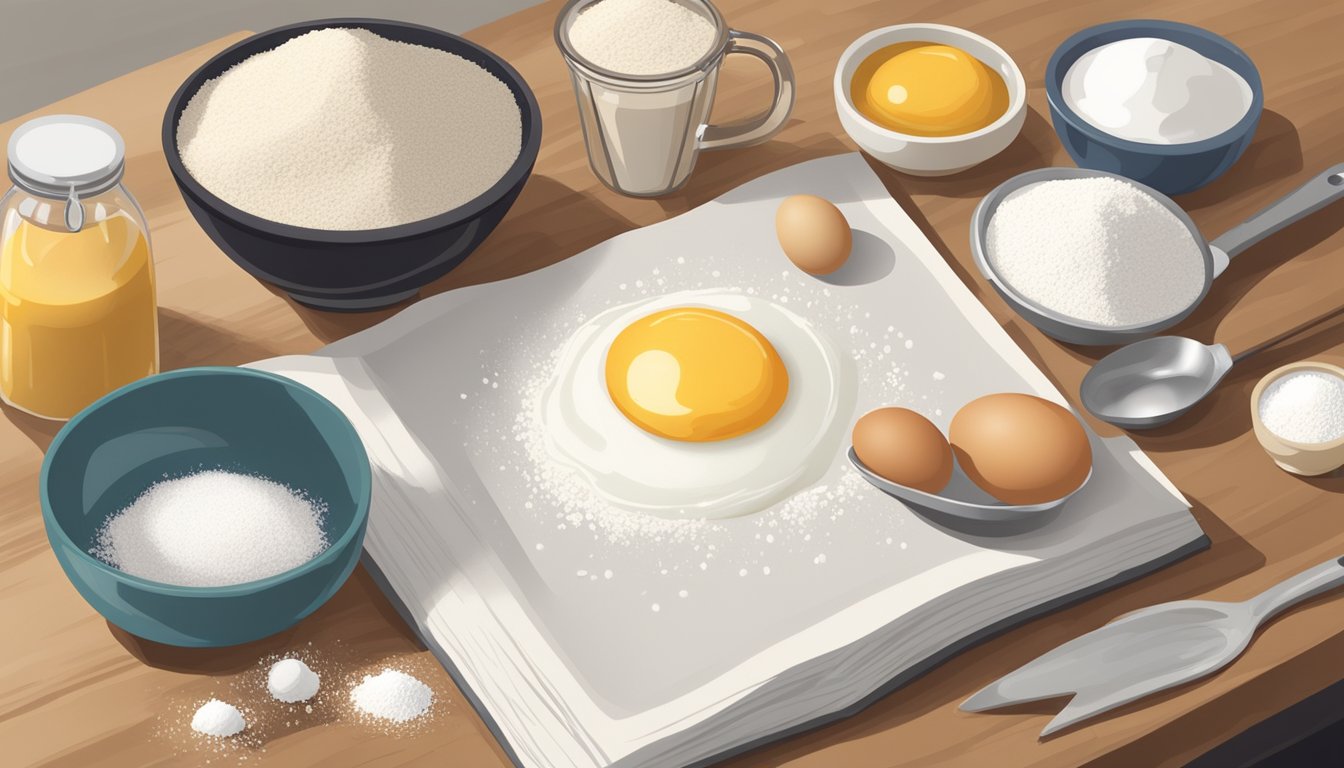 A kitchen counter with bowls of flour, sugar, and eggs, alongside measuring cups and spoons. A cookbook open to a page on baking