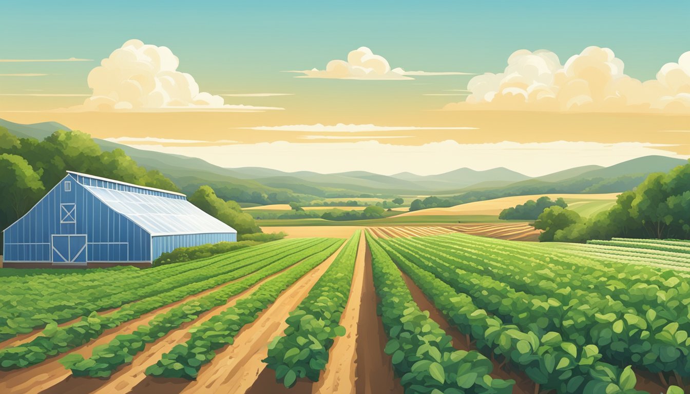 A lush Texas farm with rows of crops, a greenhouse, and a compost pile surrounded by rolling hills and a clear blue sky