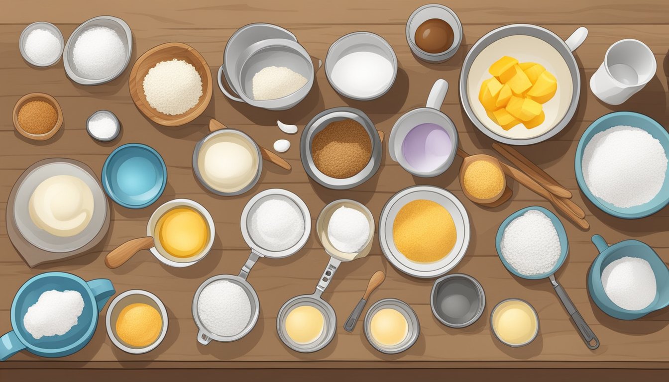 A kitchen counter with bowls, measuring cups, and ingredients for baking, such as flour, sugar, and eggs, laid out in an organized manner