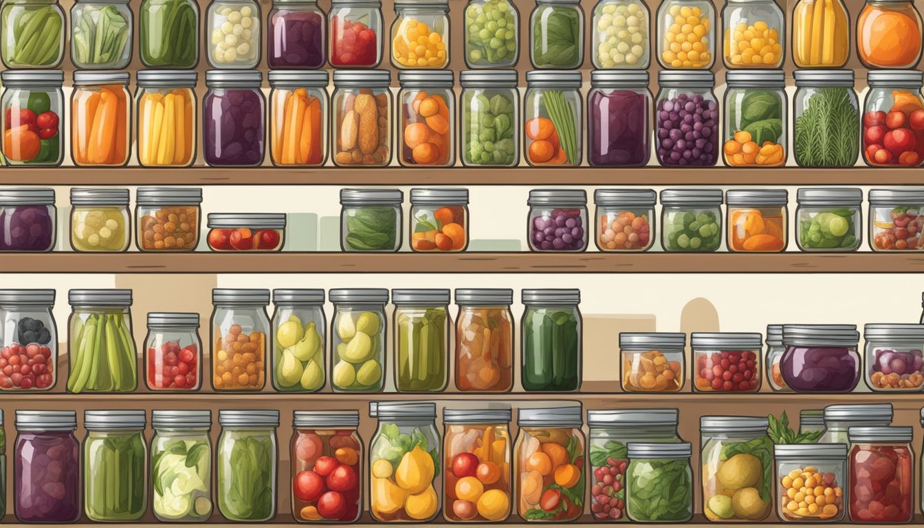 Fresh fruits and vegetables being canned and pickled in a Texas kitchen. Jars of preserved food line the shelves