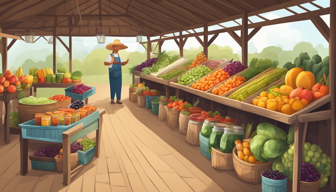 A farmer's market stall filled with colorful fruits and vegetables, surrounded by jars of homemade preserves and pickled goods