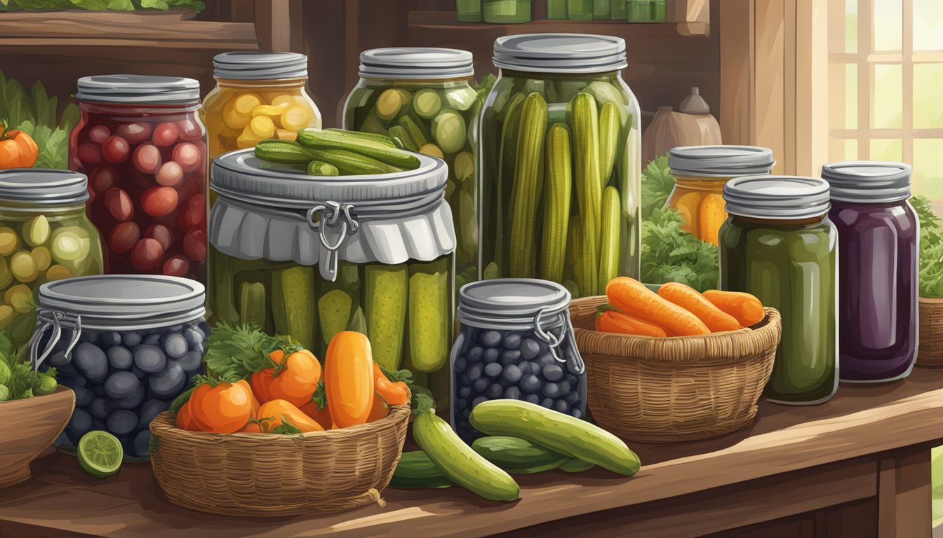 A table filled with jars of pickles, jams, and canned vegetables, surrounded by baskets of fresh produce and a pot of boiling water