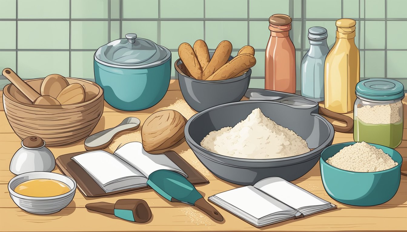 A kitchen counter with various baking tools, ingredients, and recipe books scattered around. A mixing bowl and a rolling pin are prominently displayed