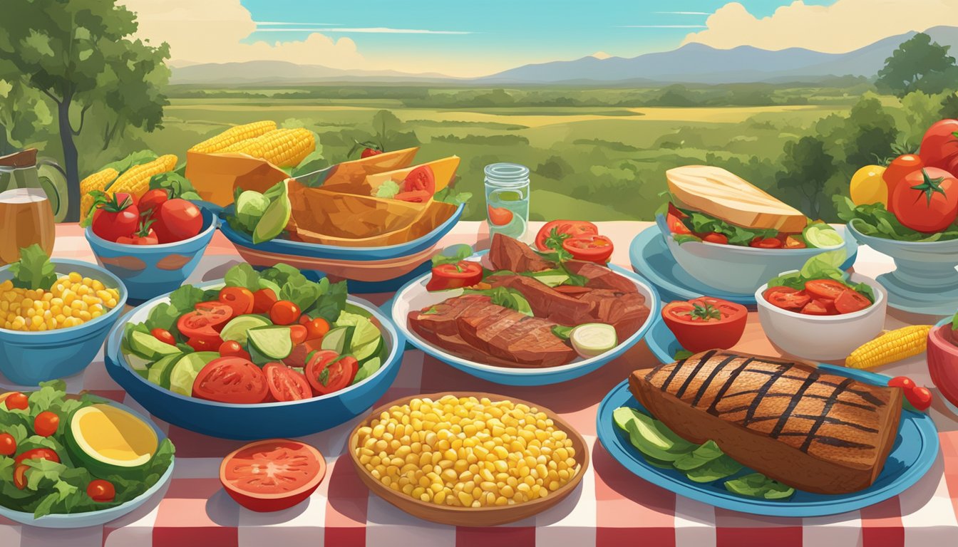 A colorful table spread with fresh produce like watermelon, corn, and tomatoes, alongside dishes of grilled meats and vibrant salads, all set against a backdrop of a sunny Texas landscape