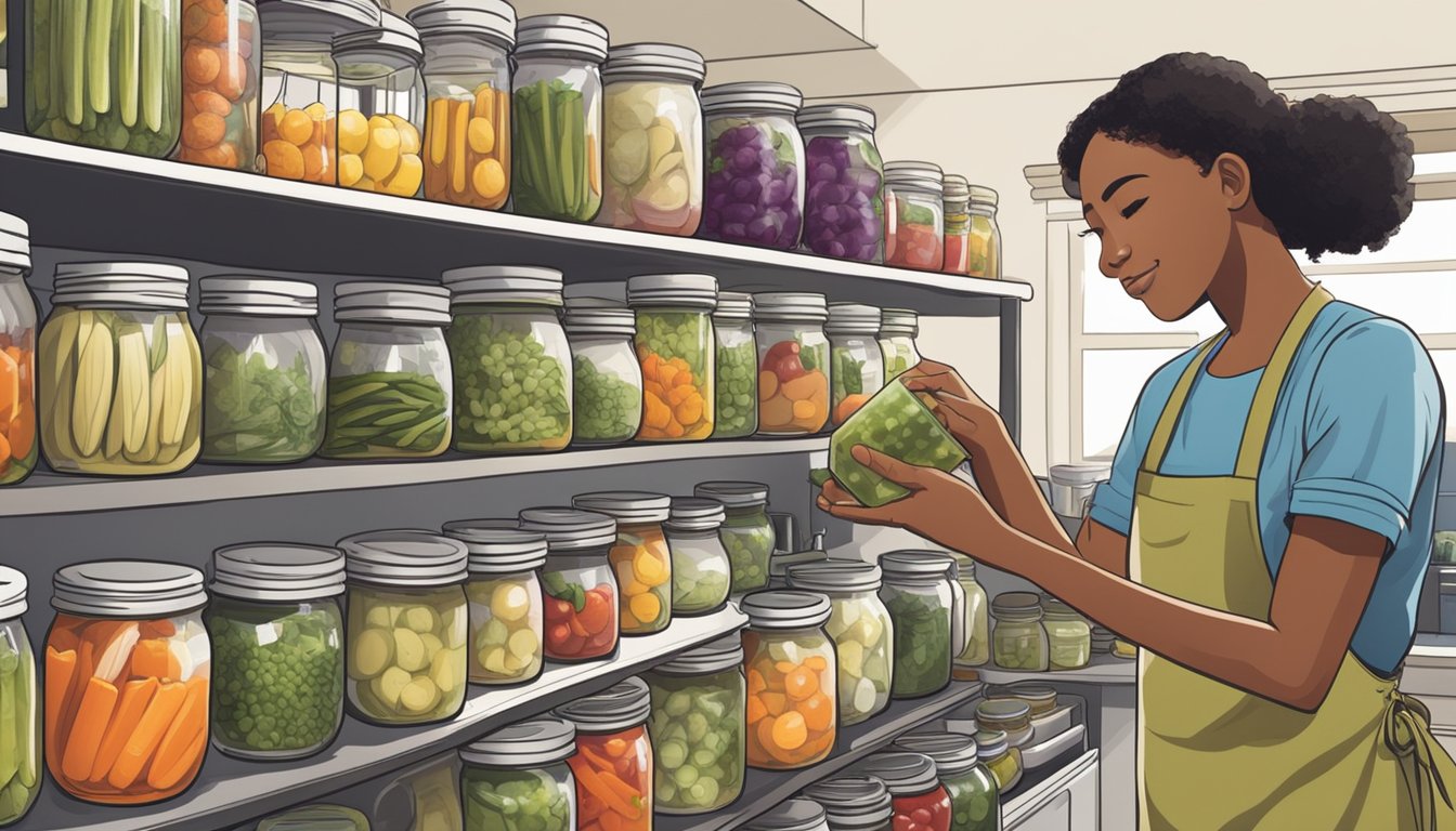 A person sealing jars of pickled vegetables in a clean, well-lit kitchen. Shelves of canned goods and a pressure canner in the background