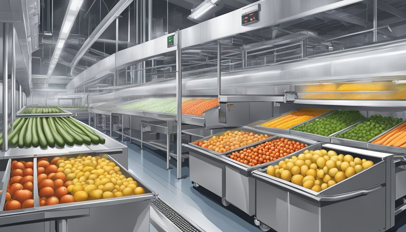 Fresh produce being carefully stored in a temperature-controlled environment, surrounded by state-of-the-art preservation equipment in a Texas food processing facility