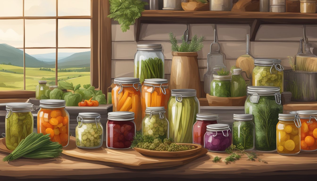 A rustic kitchen counter with jars of pickled vegetables, homemade jams, and dried herbs, surrounded by Texan landscapes and farm produce