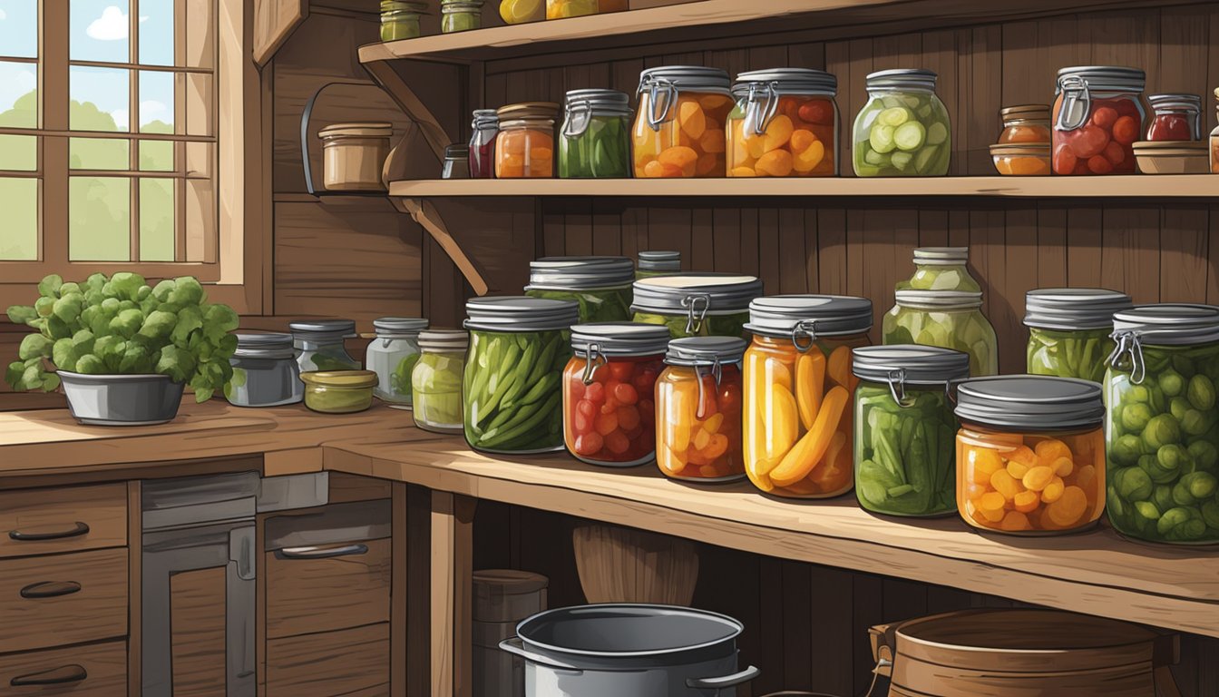 Fresh produce being canned and pickled in a rustic Texas kitchen, with jars of preserves lining the shelves and a large pot simmering on the stove