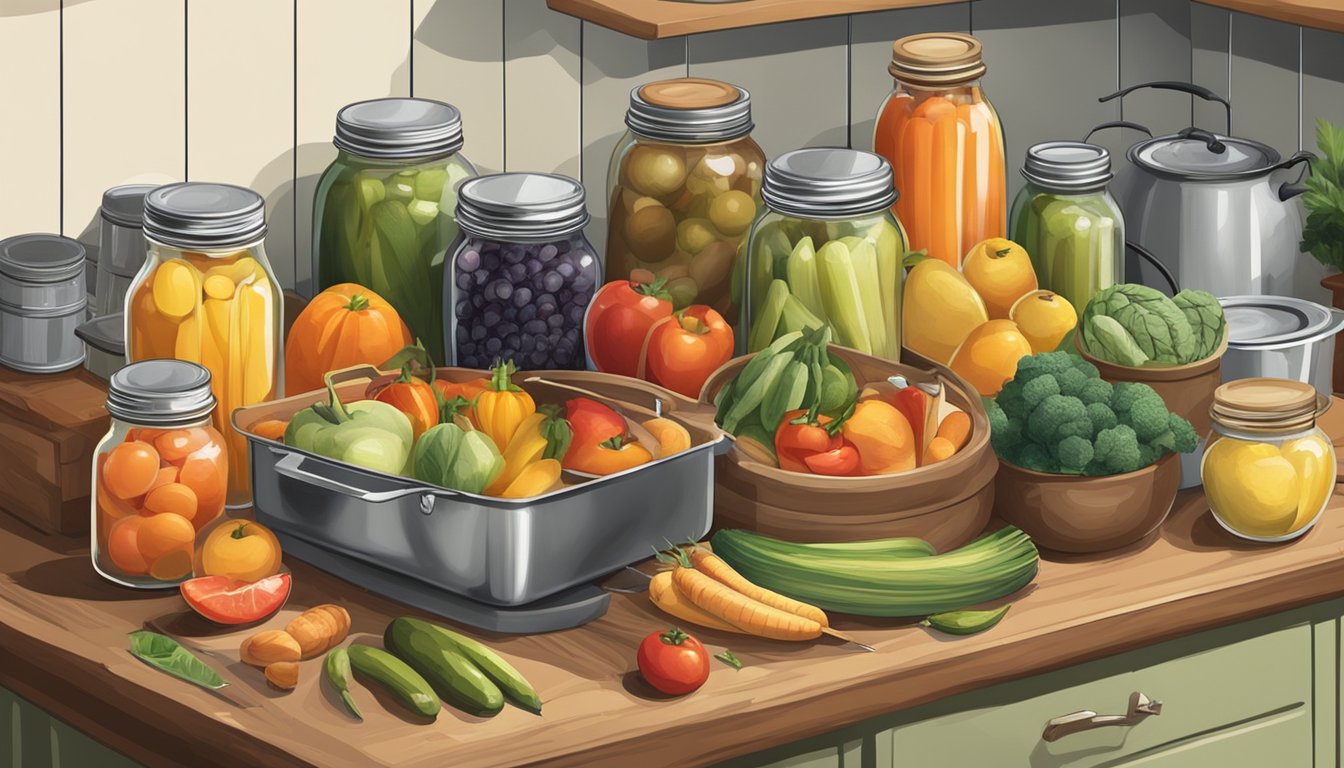 A table filled with an assortment of fruits and vegetables, surrounded by canning jars, cutting boards, knives, and a large pot on a stove