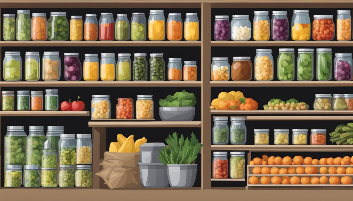 Fresh produce being canned and stored in a pantry, with shelves lined with jars and bags of preserved food