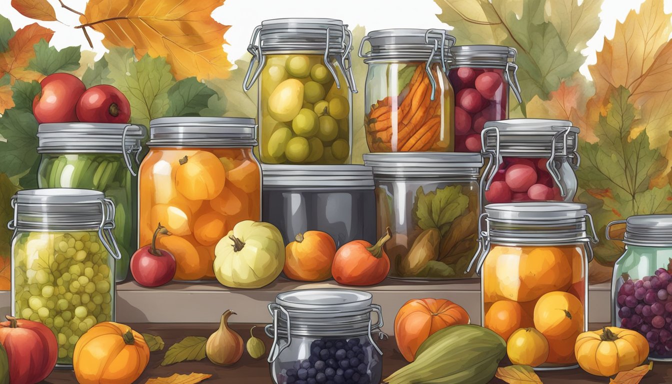 Freshly picked fruits and vegetables being prepared and preserved in glass jars, surrounded by canning equipment and autumn foliage