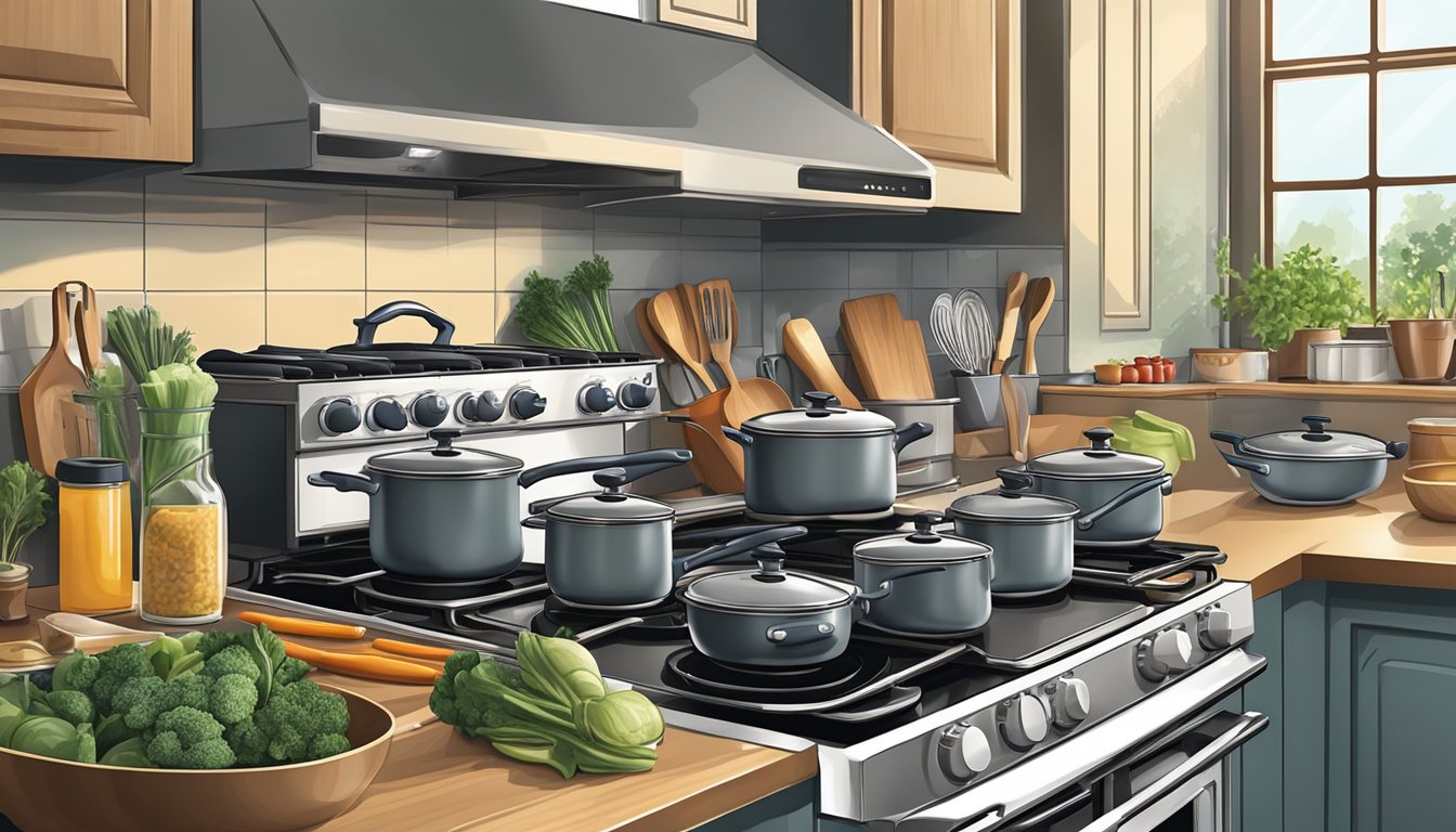 A bustling Texas kitchen with gleaming cookware neatly organized on the stove and countertops, ready for a busy day of cooking