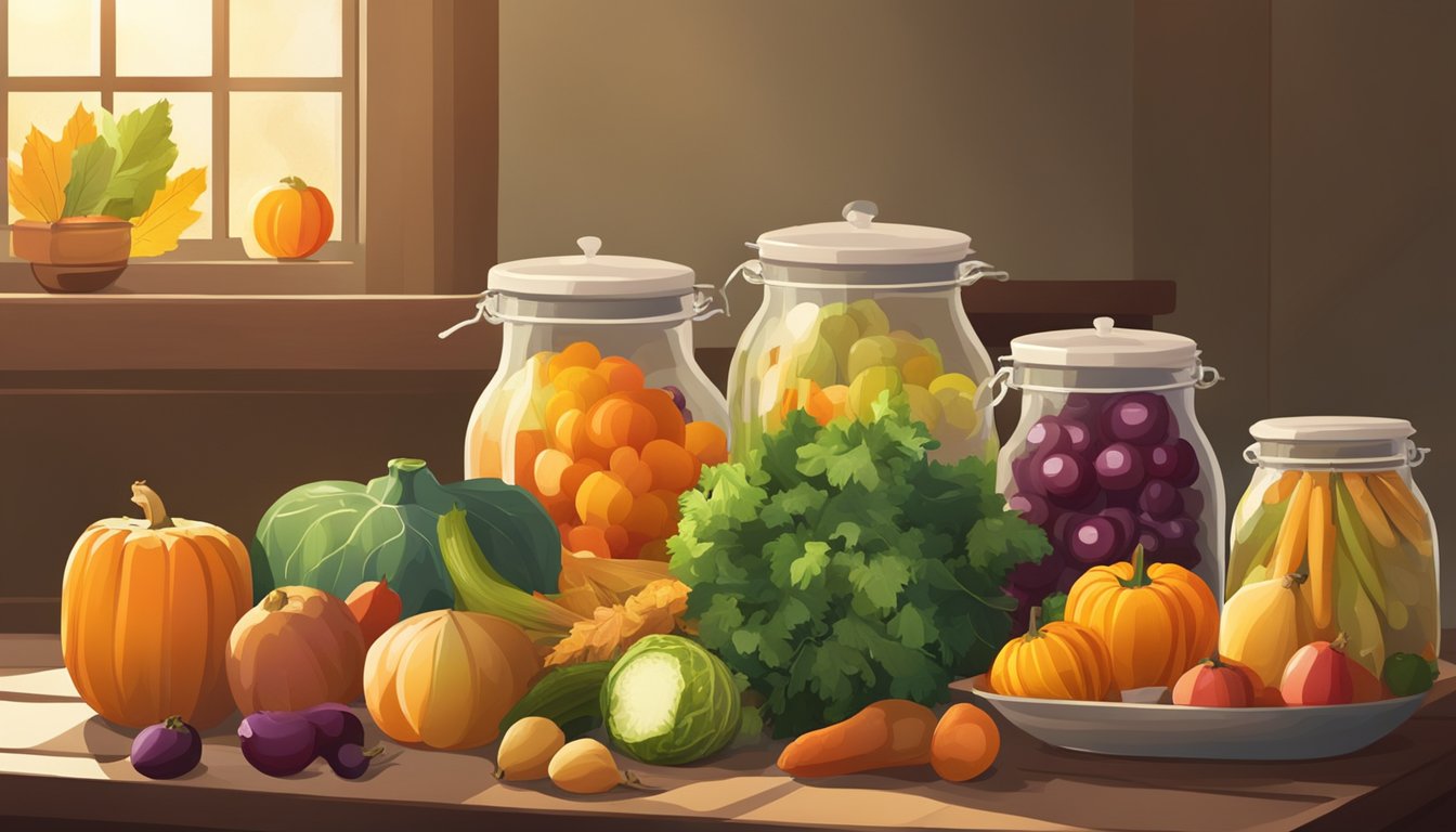 Fresh vegetables and fruits arranged near jars and fermentation crocks, surrounded by fall leaves and warm sunlight